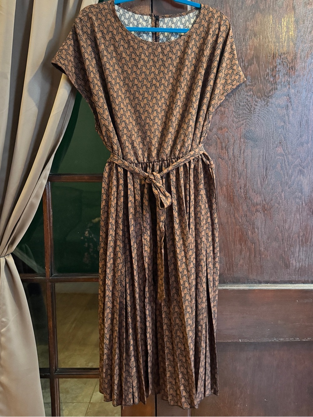 SHEIN Brown Patterned Tie-Waist Midi Dress